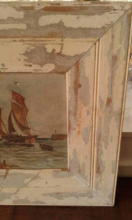 Antique Ship Sailboat Nautical Framed Oil On Canvas Painting In Distressed White Wooden Frame