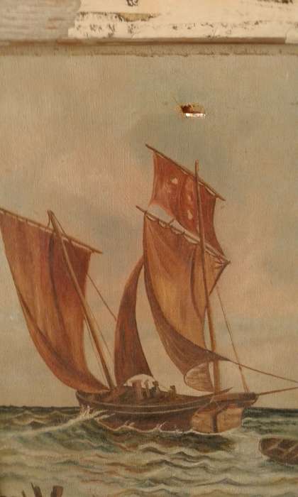 Antique Ship Sailboat Nautical Framed Oil On Canvas Painting In Distressed White Wooden Frame