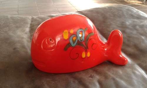 Vintage Mid Century Italian Pottery Orange Porcelain Whale Coin Bank Money Box Italy