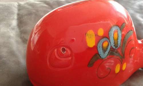 Vintage Mid Century Italian Pottery Orange Porcelain Whale Coin Bank Money Box Italy