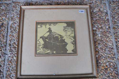 BEAUTIFUL WOODCUT"SAMPAN",SIGNED BY ARTIST,NUMBERED