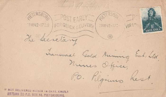 POSTAL HISTORY  1942       LARGE WAR   POST MARK   PIETERSBURG  SEE  SCAN
