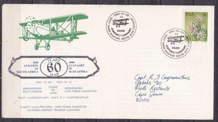 RSA 1980 60yrs of aviation in SA flown cover. LOOK SCAN.