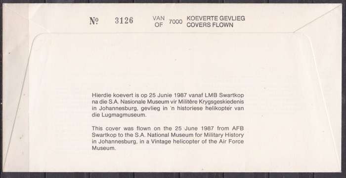 RSA 1987 50th anniv of 1st SA built Hawker cover. LOOK SCAN