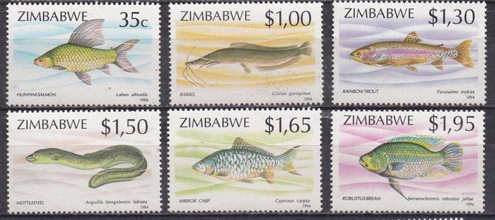 Zimbabwe 1994 fish type of 1989 full set singles. MNH
