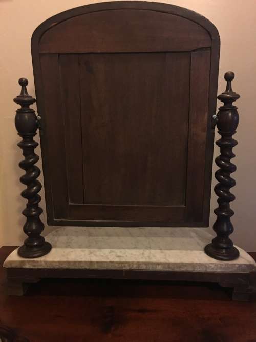 WOW !!! LATE 1800's VICTORIAN MARBLE TOP MAHOGANY SHAVING MIRROR WITH BARLEY TWIST SUPPORTS
