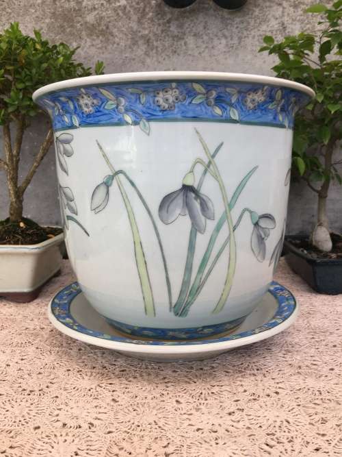 WOW !!! STUNNING LARGE HAND PAINTED CERAMIC PLANTER WITH DRIP TRAY BY LINTURN TRADING POTTERY marked