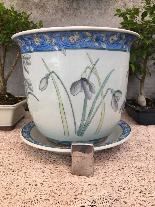 WOW !!! STUNNING LARGE HAND PAINTED CERAMIC PLANTER WITH DRIP TRAY BY LINTURN TRADING POTTERY marked