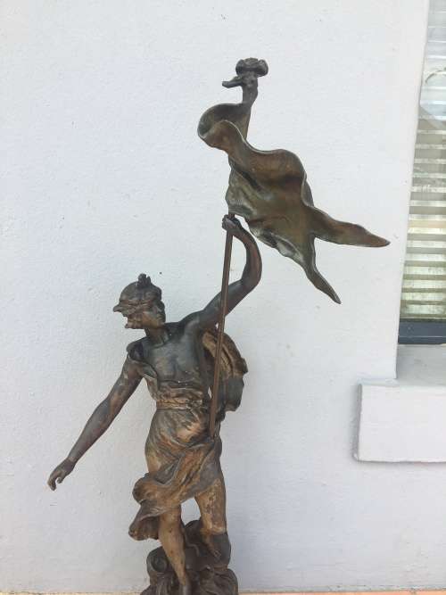 LARGE ANTIQUE BRONZED SPELTER STATUE "Porte Drapeau" BY FRENCH ARTIST AUG MOREAU c 1834-1917 signed