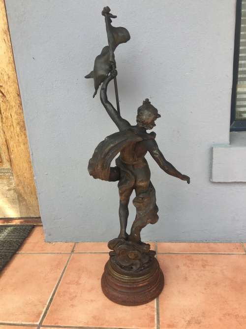 LARGE ANTIQUE BRONZED SPELTER STATUE "Porte Drapeau" BY FRENCH ARTIST AUG MOREAU c 1834-1917 signed