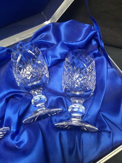STUNNING BOXED SET OF FOUR STUART CRYSTAL WINCHESTER CLEAR WATER GOBLETS