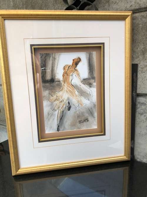 FIONA EWAN ROWETT FRAMED ORIGINAL MIXED MEDIA signed and dated 1998 IN A STUNNING GOLD FRAME
