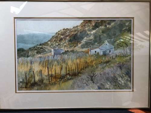 WOW !!! SA ARTIST GINA HOWARD FRAMED ORIGINAL LARGE LANDSCAPE WATERCOLOR signed