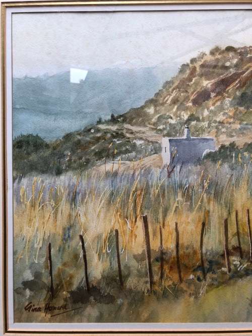 WOW !!! SA ARTIST GINA HOWARD FRAMED ORIGINAL LARGE LANDSCAPE WATERCOLOR signed
