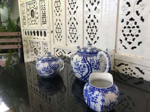 Beautiful c1958 Kutani Japan Marked Blue Prunus  Porcelain Tea Pot Sugar & Creamer .Marks on Base