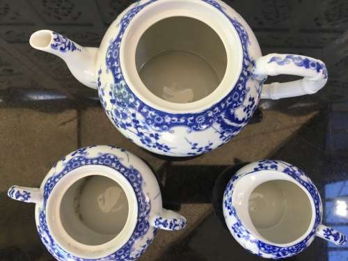 Beautiful c1958 Kutani Japan Marked Blue Prunus  Porcelain Tea Pot Sugar & Creamer .Marks on Base