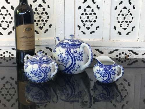Beautiful c1958 Kutani Japan Marked Blue Prunus  Porcelain Tea Pot Sugar & Creamer .Marks on Base
