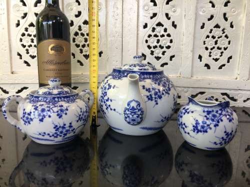 Beautiful c1958 Kutani Japan Marked Blue Prunus  Porcelain Tea Pot Sugar & Creamer .Marks on Base