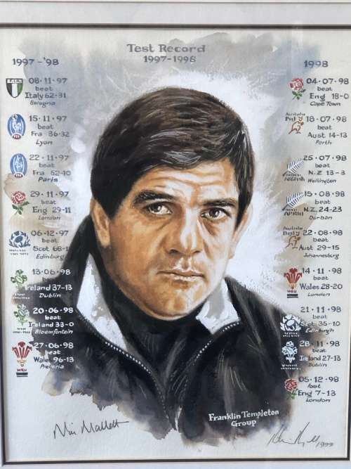 RICHIE RYALL PAINTING OF NICK MALLET WITH SPRINGBOK COACHING TEST RECORD 97-98 SEASON - SIGNED