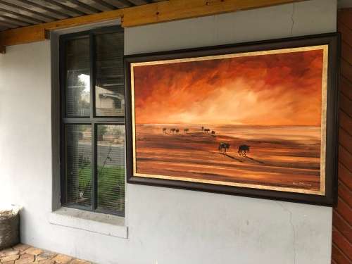 INVESTMENT ART !! SA ARTIST GAVIN COLLINS (1971 - )MASSIVE FRAMED OIL ON CANVAS - WILDEBEEST RED SKY