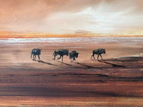 INVESTMENT ART !! SA ARTIST GAVIN COLLINS (1971 - )MASSIVE FRAMED OIL ON CANVAS - WILDEBEEST RED SKY