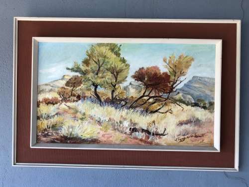 INVESTMENT ART !!! VIOLET FERGUSON-LOUW (1892 - 1973) LANDSCAPE OIL ON BOARD IN A VINTAGE FRAME