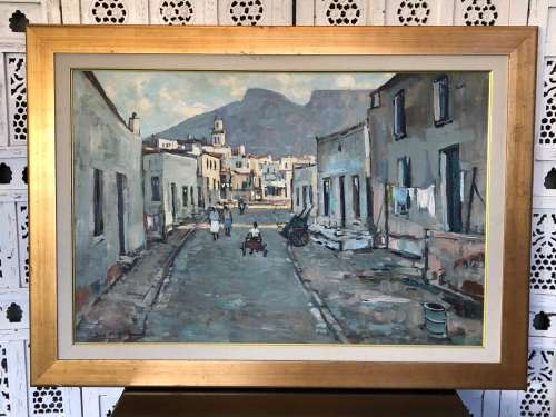 INVESTMENT ART !!!! DON MADGE (SA 1920 - 1997) LARGE FRAMED OIL ON CANVAS - DISTRICT SIX