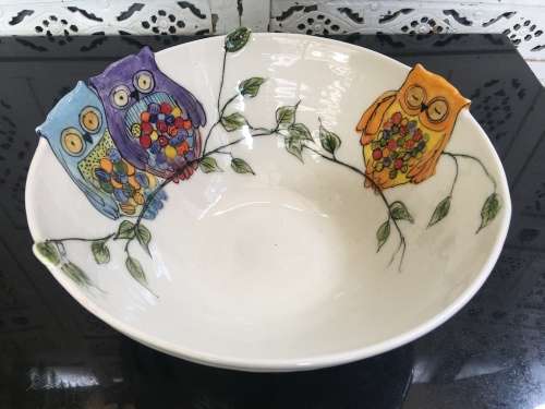 South African Artist Karen Kieviet Designer Owl Bowl Table Center Piece.X Large Hand Made & Painted.