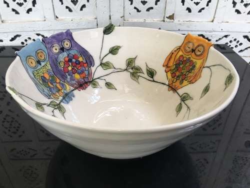 South African Artist Karen Kieviet Designer Owl Bowl Table Center Piece.X Large Hand Made & Painted.