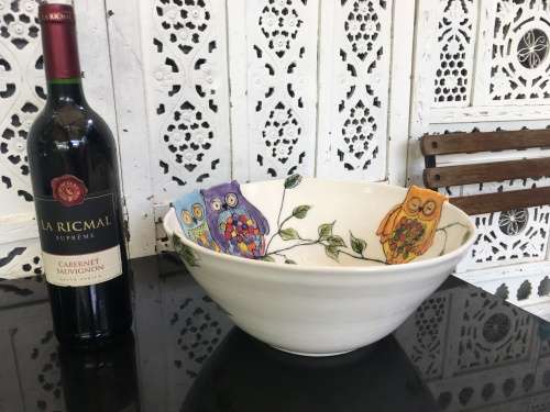 South African Artist Karen Kieviet Designer Owl Bowl Table Center Piece.X Large Hand Made & Painted.