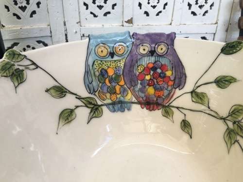 South African Artist Karen Kieviet Designer Owl Bowl Table Center Piece.X Large Hand Made & Painted.