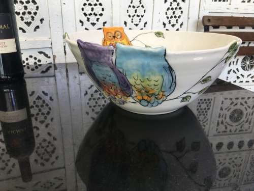 South African Artist Karen Kieviet Designer Owl Bowl Table Center Piece.X Large Hand Made & Painted.