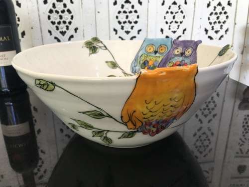 South African Artist Karen Kieviet Designer Owl Bowl Table Center Piece.X Large Hand Made & Painted.