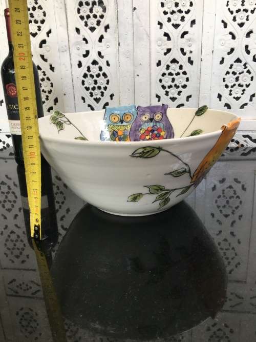 South African Artist Karen Kieviet Designer Owl Bowl Table Center Piece.X Large Hand Made & Painted.