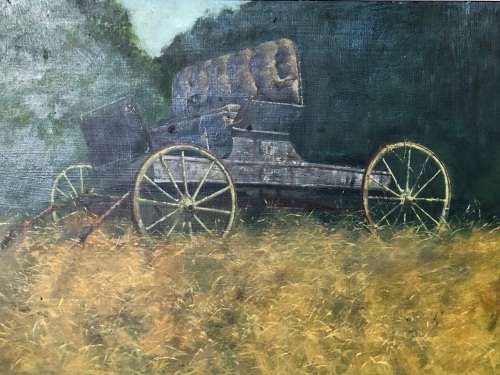 JOHN PAULUS SEMPLE (USA 1930 - 2015) STUNNING OIL ON MASONITE BOARD TITLED "POMFRET WAGONS" DATED 71