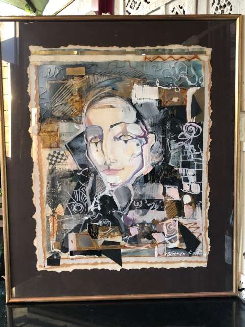 JOHAN TALJAARD (SA 20th C) FRAMED MIXED MEDIA / COLLAGE - TITLED "L' HARLEQUIN - DATED 1991