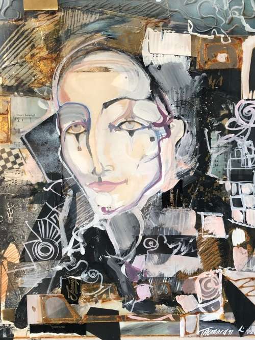 JOHAN TALJAARD (SA 20th C) FRAMED MIXED MEDIA / COLLAGE - TITLED "L' HARLEQUIN - DATED 1991