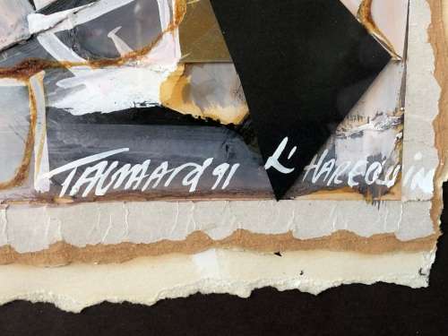 JOHAN TALJAARD (SA 20th C) FRAMED MIXED MEDIA / COLLAGE - TITLED "L' HARLEQUIN - DATED 1991