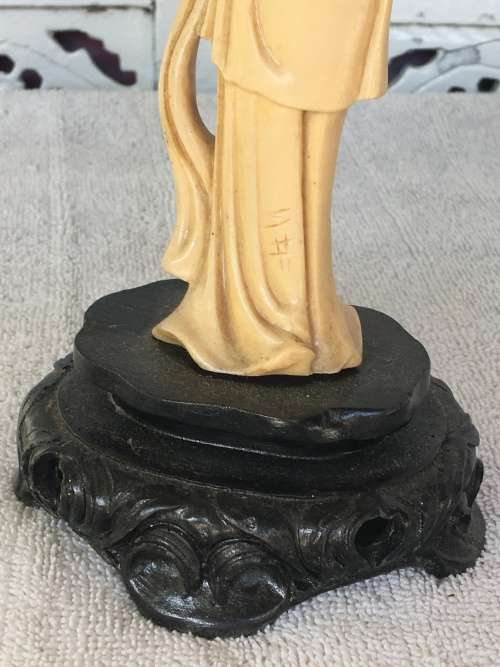 Old Resin Carved Eastern Female Deity. Signed on back lower dress and  inside under base 28cm