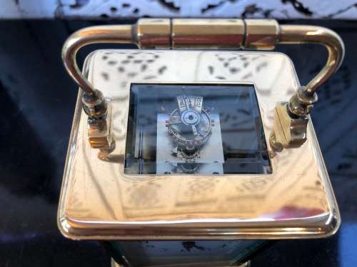 LARGE BRASS AND GLASS FRENCH CHIMING CARRIAGE CLOCK - SELLING AS IS - NO KEY AND NOT WORKING