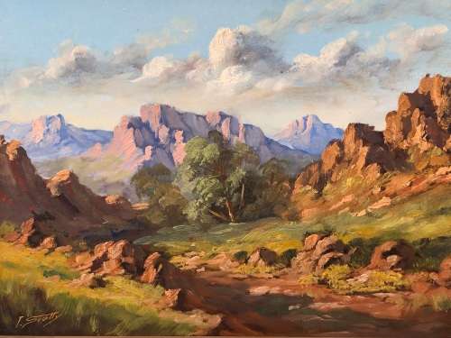 INVESTMENT ART !! TITTA FASCIOTTI (SA 1927-1993) OIL ON BOARD LANDSCAPE PAINTING TITLED ON THE REAR