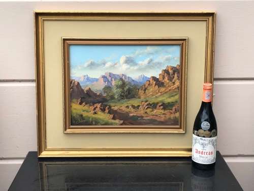 INVESTMENT ART !! TITTA FASCIOTTI (SA 1927-1993) OIL ON BOARD LANDSCAPE PAINTING TITLED ON THE REAR