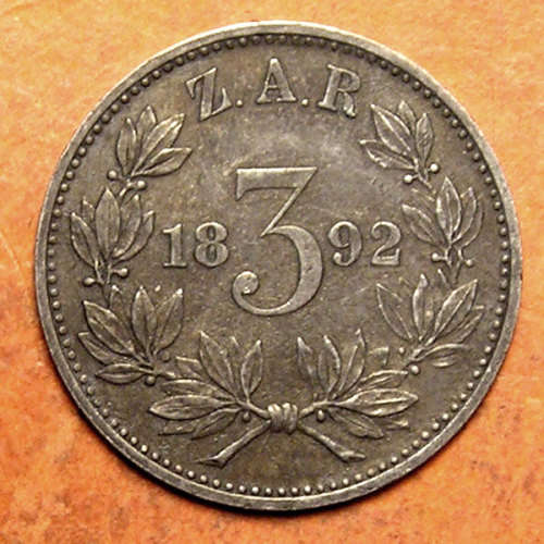 ZAR: 1892 Paul Kruger Silver Threepence (Tickey, 3d)