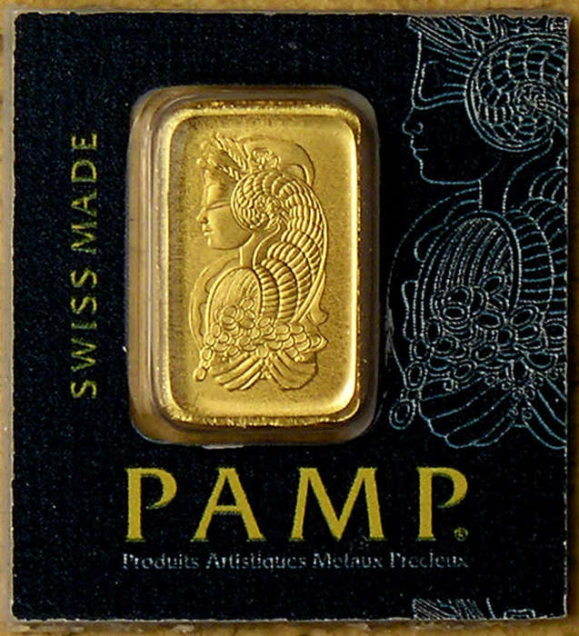 One gram  Fine (.9999) Gold PAMP Swisse Bar in Blister Card with Certificate