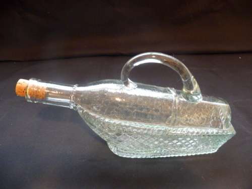 Mid Century Novelty Pressed Glass Wine Decanter Bottle in Basket with cork