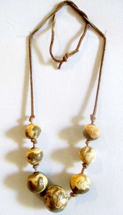 Vintage Ethnic Clay Bead Neclace on leather string. 75cm.