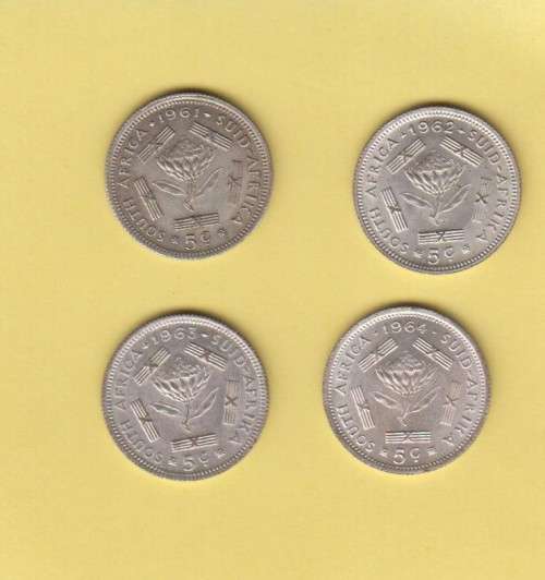 Full Set of Four Five Cent Coins. Silver