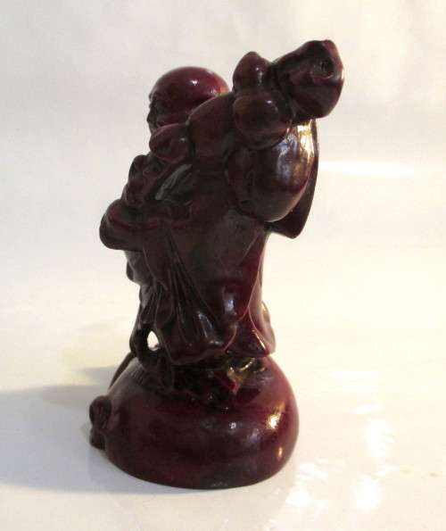 Red Resin Happy buddha standing on money bag with Coins. Wealth and Happiness. 10cm.