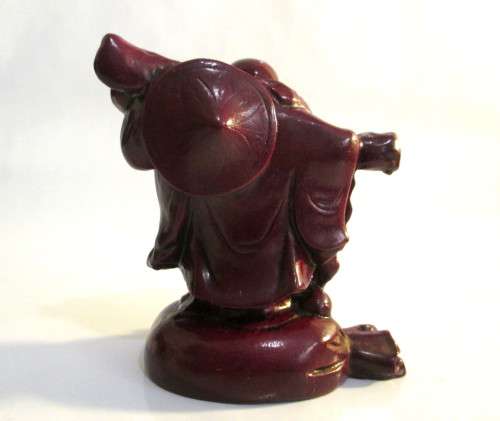 Red Resin Happy buddha standing on money bag with Coins. Wealth and Happiness. 10cm.