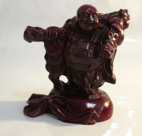 Red Resin Happy buddha standing on money bag with Coins. Wealth and Happiness. 10cm.